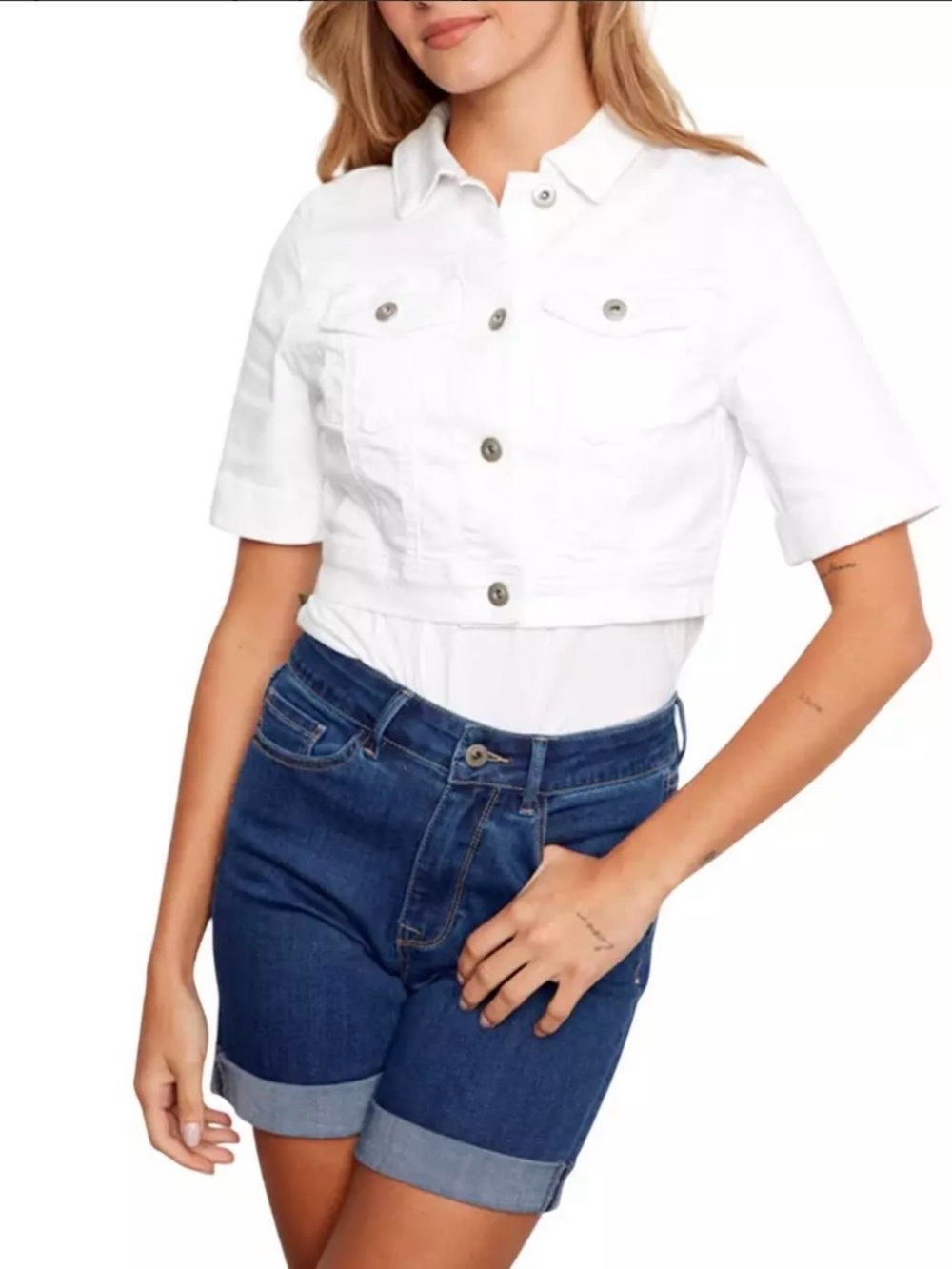 NWOT CHARLIE B Cropped White Short-Sleeve Denim Jacket